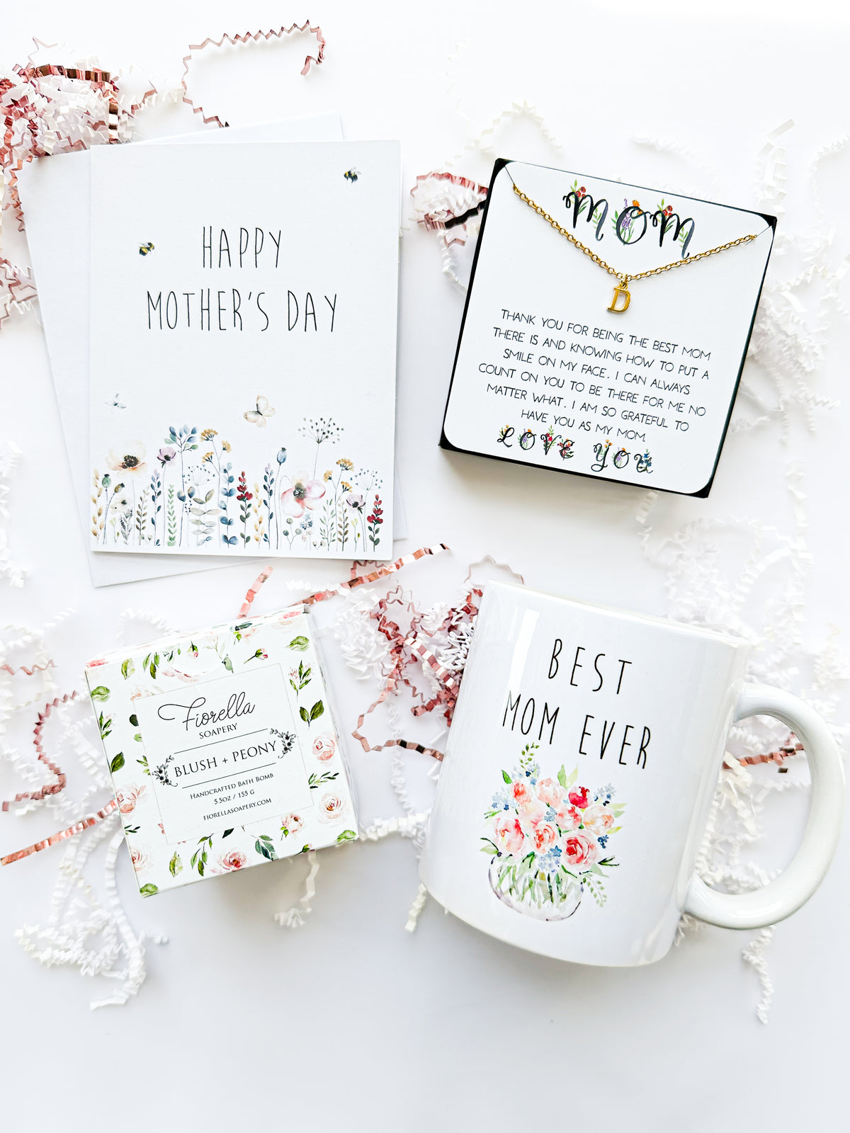 Custom Mother's Day gift box includes happy mother's day card, best mom ever coffee mug, personalize 14K gold initial letter necklace, floral peony bath bomb