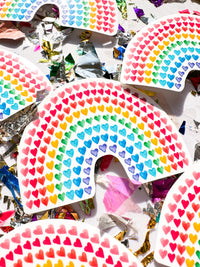 up close of hearts rainbow laminate vinyl pride lgbtqia+ ticker