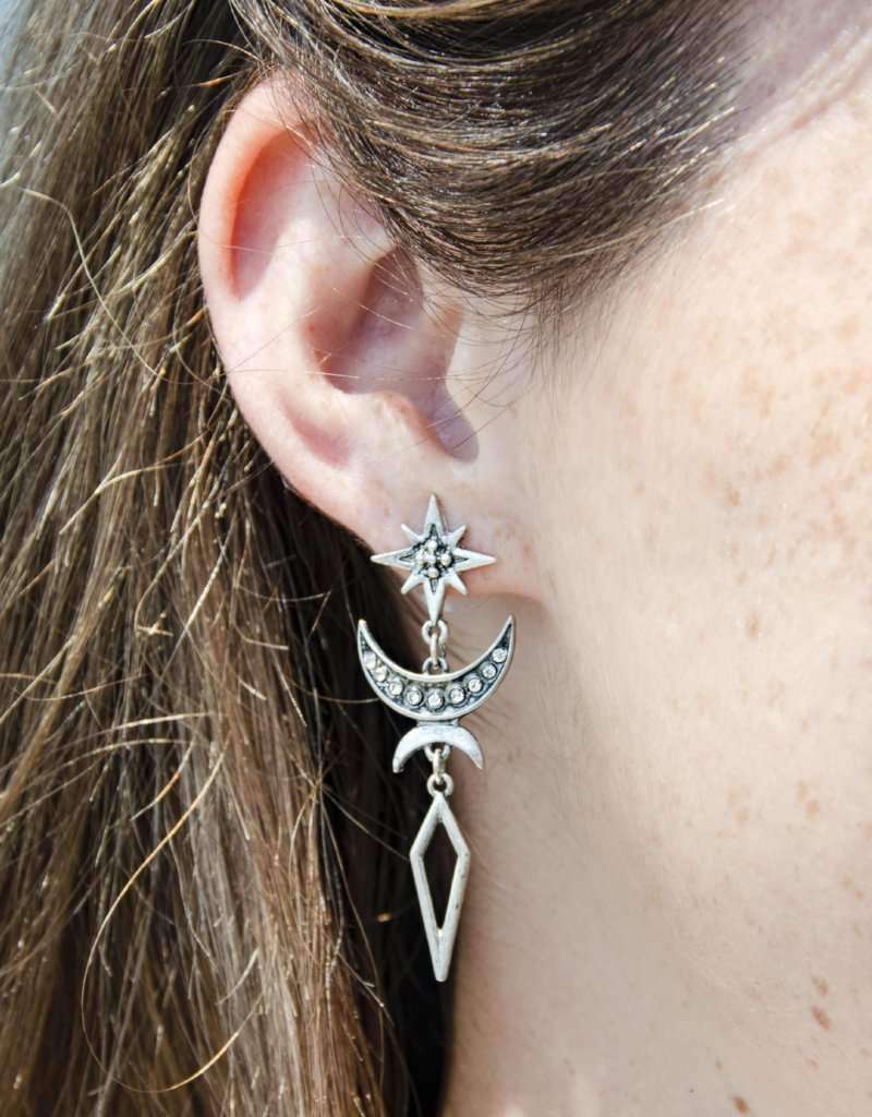 boho silver statement celestial drop earrings