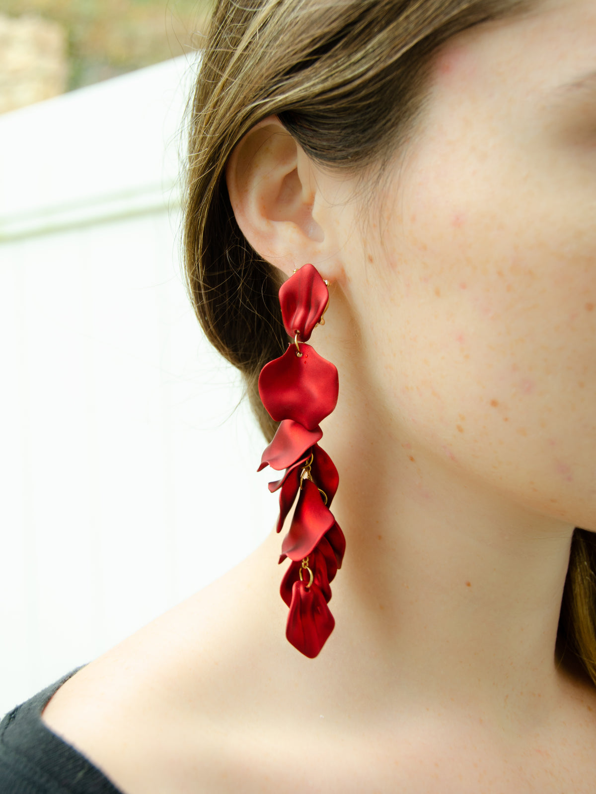 Long Red Rose Petal Dangle lightweight acrylic tassel statement earrings