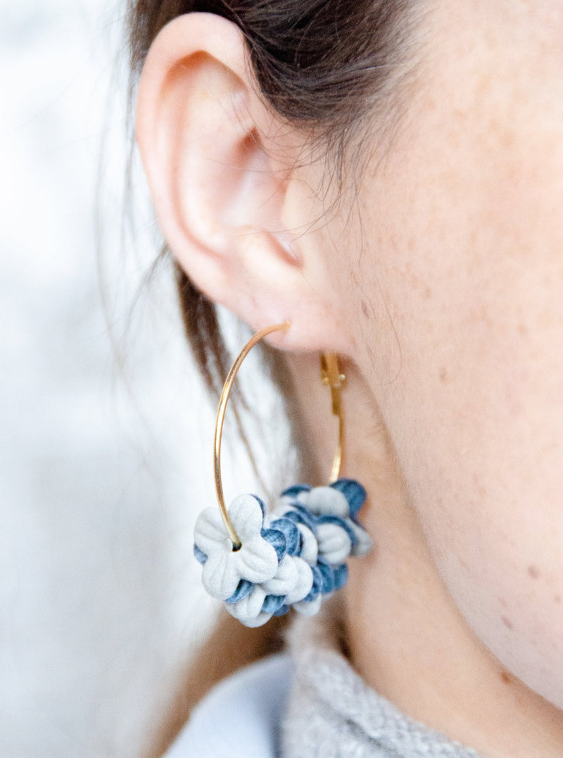 shades of blue floral petal hoop earrings