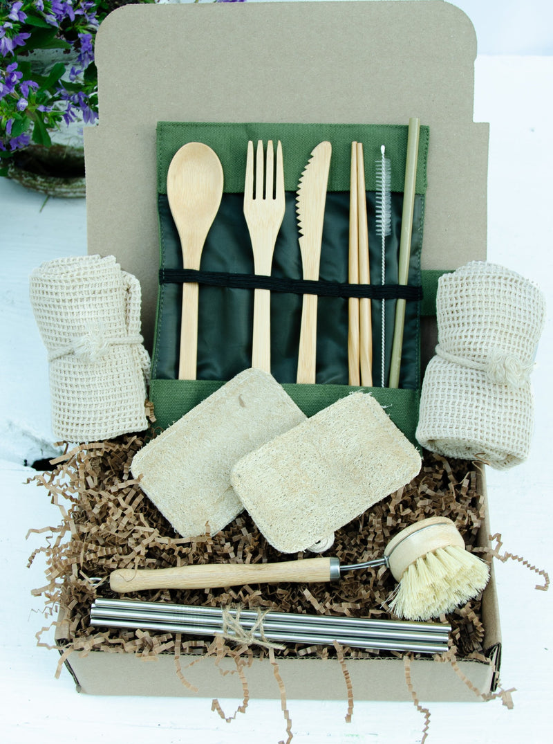 Zero Waste Eco-Friendly 16 Piece Sustainable Kitchen Kit Gift Box,Reusable Bamboo Utensil Set,Reusable Straw Set,Reusable Bags, Eco Sponges