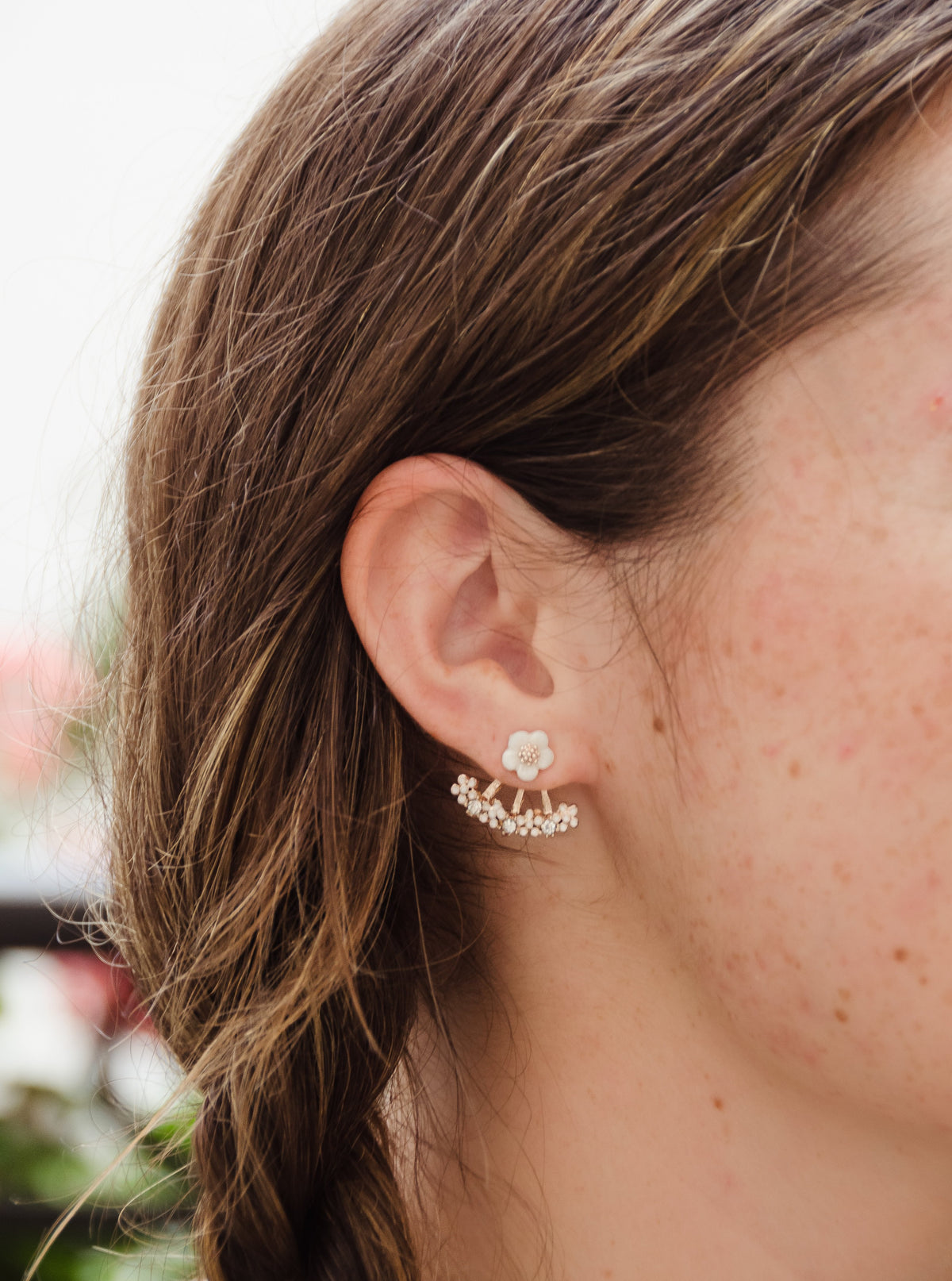 dainty floral two piece stud earrings, flower jewel studs