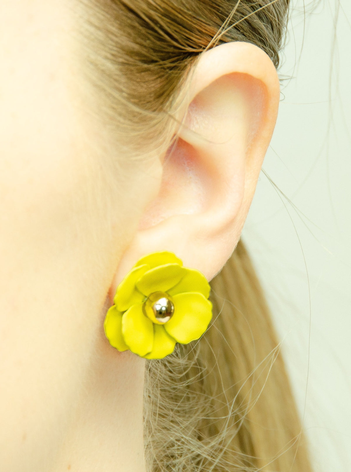 yellow flower petal stud womens earring, floral accessories, yellow stud earrings