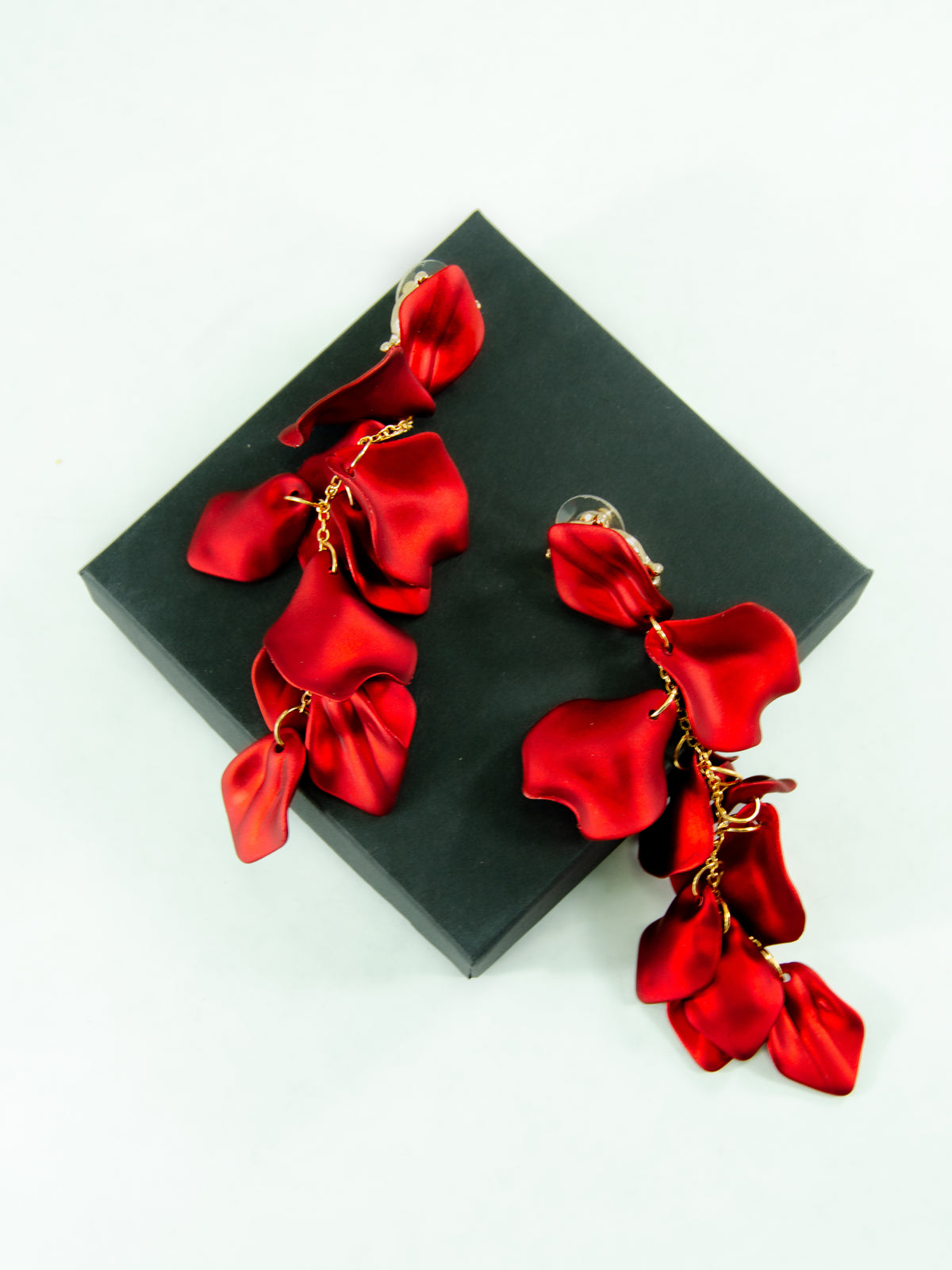 Long Red Rose Petal Dangle lightweight acrylic tassel statement earrings