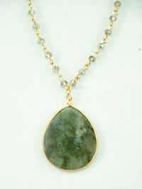 Gray Marble Stone Beaded Pendant Gold Long Necklace