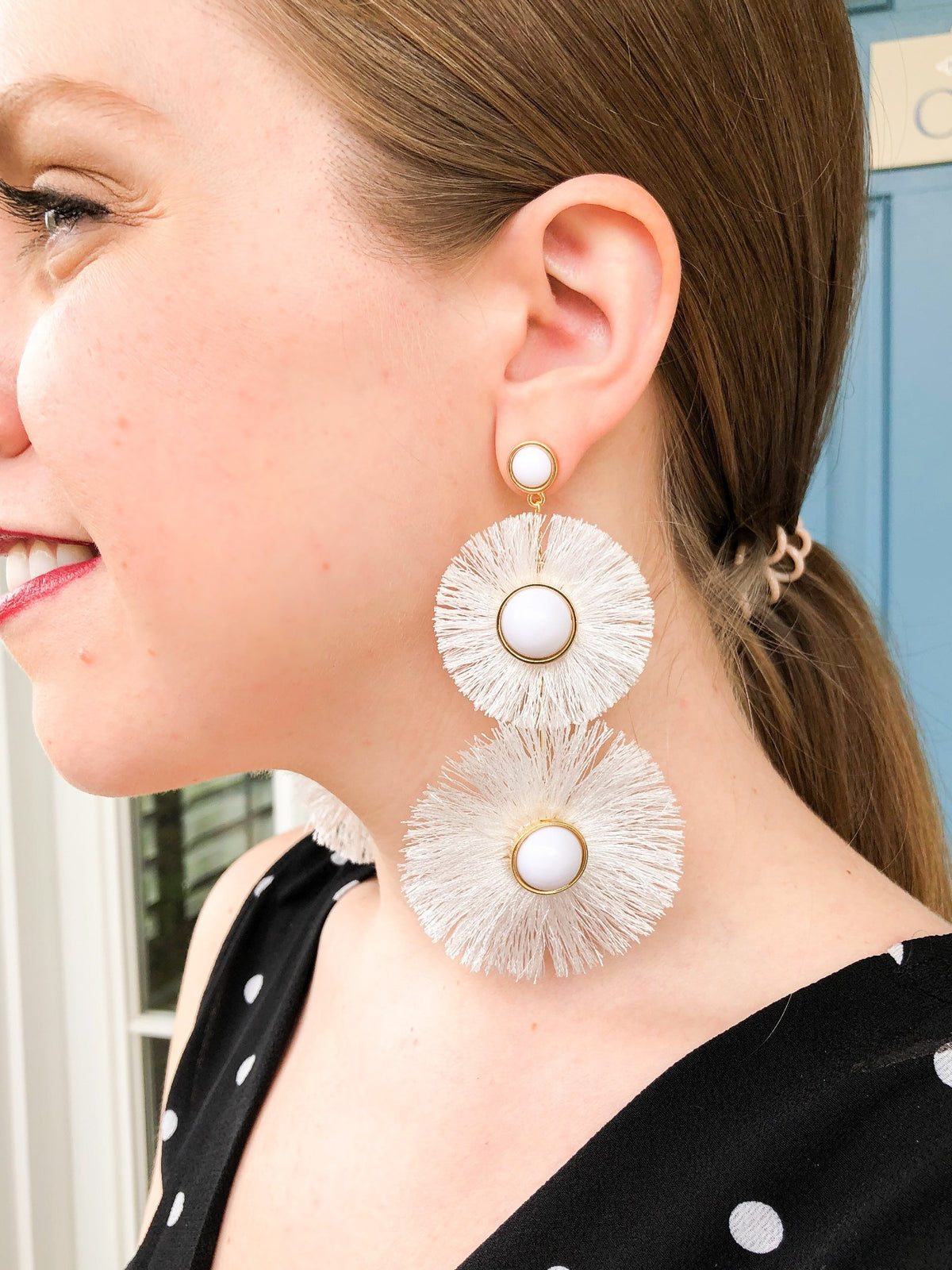 white statement tassel fan trendy earrings 