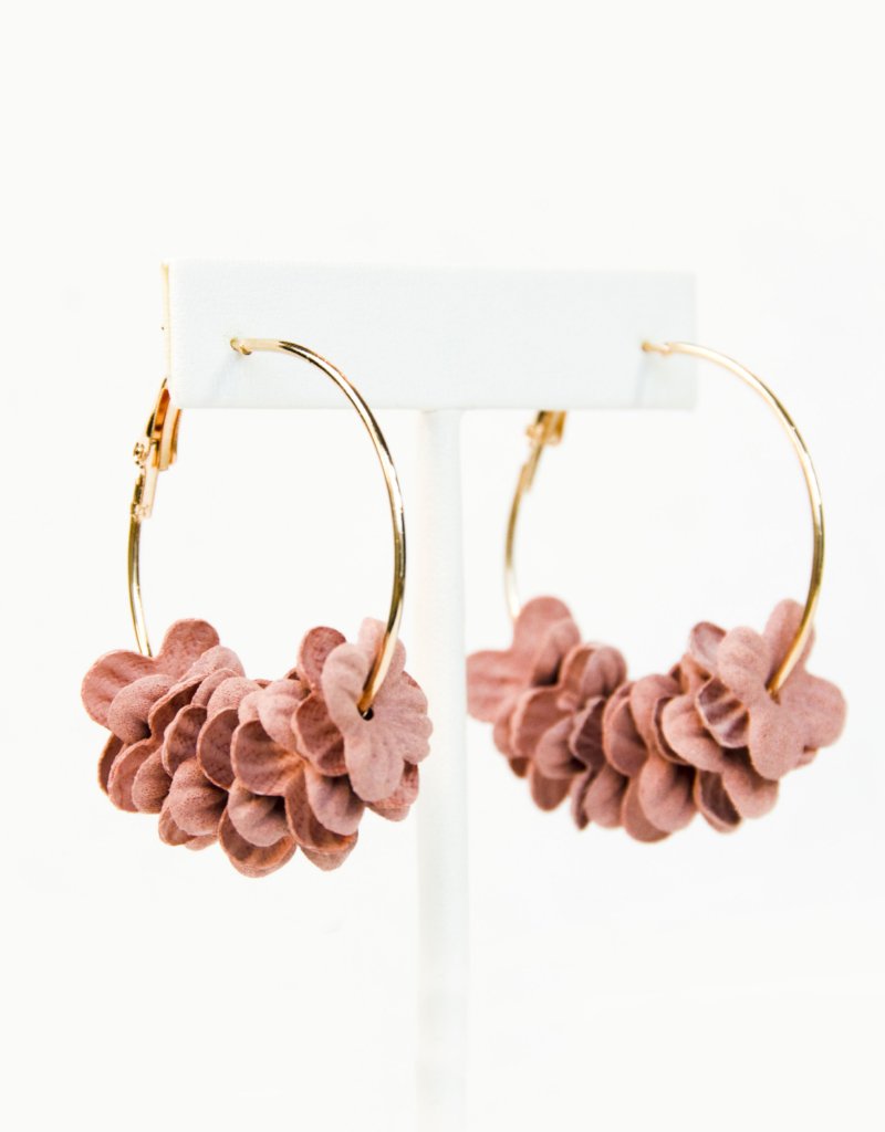 pale pink layered flower petal hoop earrings, floral statement hoop earrings