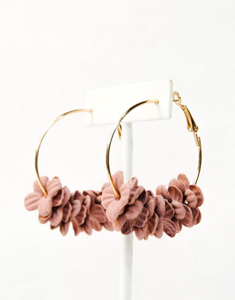 pale pink layered flower petal hoop earrings, floral statement hoop earrings