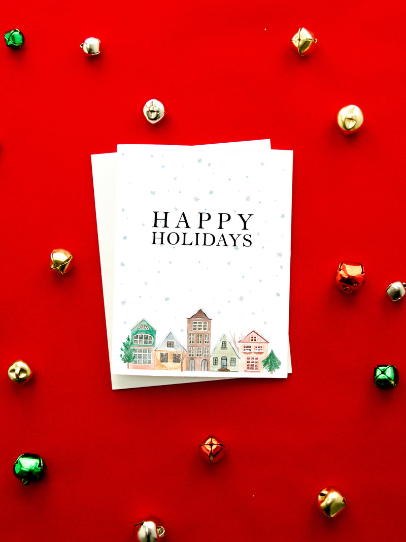 Happy Holidays City Card Set,Holiday Chrismas Cards,Handmade Holiday Greeting Cards,Holiday Season Greetings Card,Made in USA
