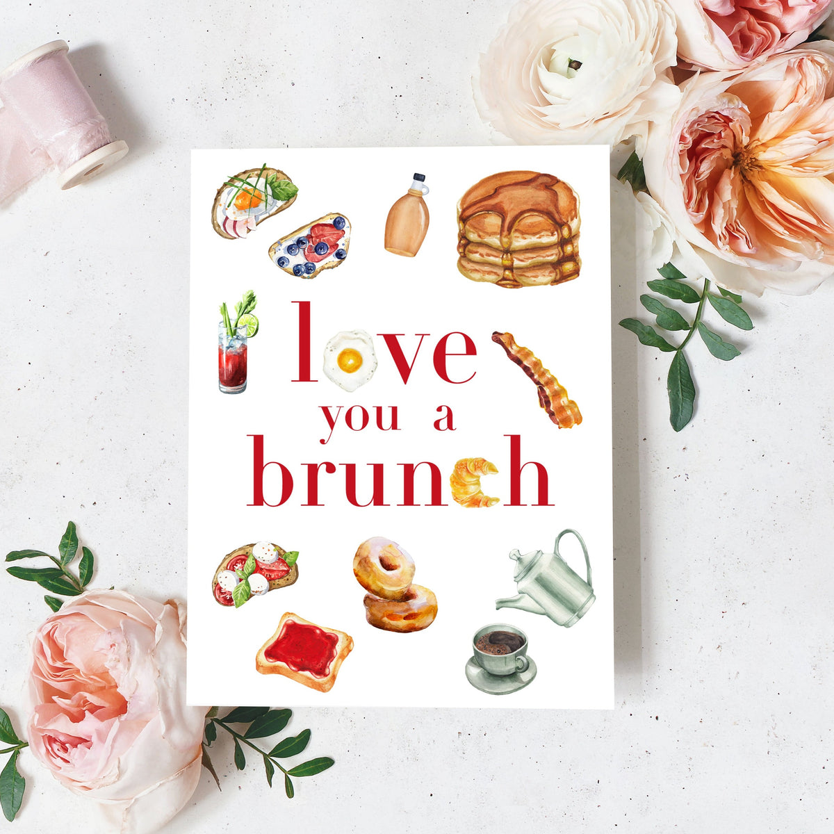 love you a brunch valentines day card with brunch breakfast food on greeting card