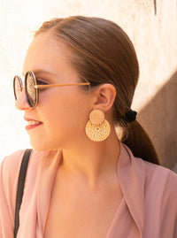 boho hippie straw and wood circular statement earrings