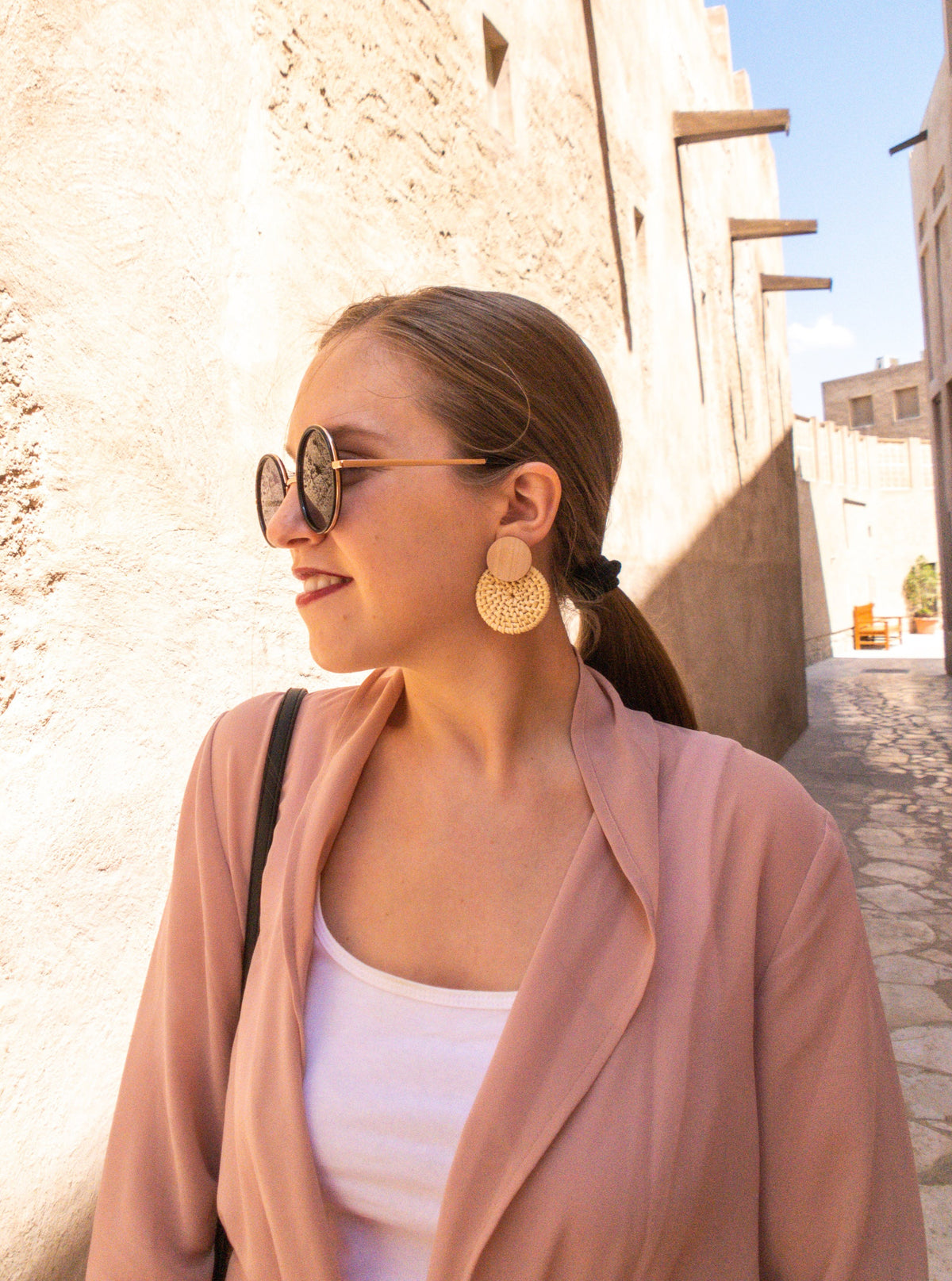 boho hippie straw and wood circular statement earrings