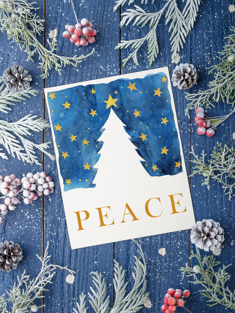 PEACE Holiday Card Set, Seasons Greeting Christmas Card, Christmas Tree Starry Night Card, Handmade Holiday Greeting Card Set