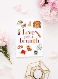 love you a brunch valentines day card with brunch breakfast food on greeting card