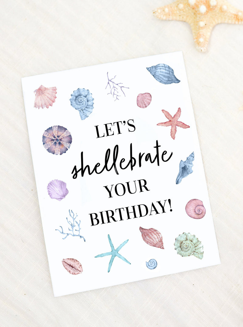 "An artistic depiction of delicate seashells scattered on a sandy beach, accompanied by a vibrant and cheerful birthday card design featuring beach-themed elements, perfect for celebrating a special day by the sea." Light blue pale red, cream colors with Black lettering