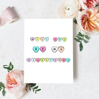 will you be my galentine? written out in colorful heart candy on white greeting card