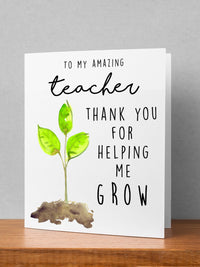 Thank You for helping me Grow Teacher Appreciation Card,Best Teacher Ever Card,Preschool Teacher Card,#1 Teacher Card,Teacher Gift Ideas. Sweet watercolor small green plant in brown earth depicting growing