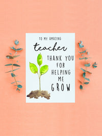 Thank You for helping me Grow Teacher Appreciation Card,Best Teacher Ever Card,Preschool Teacher Card,#1 Teacher Card,Teacher Gift Ideas. Sweet watercolor small green plant in brown earth depicting growing