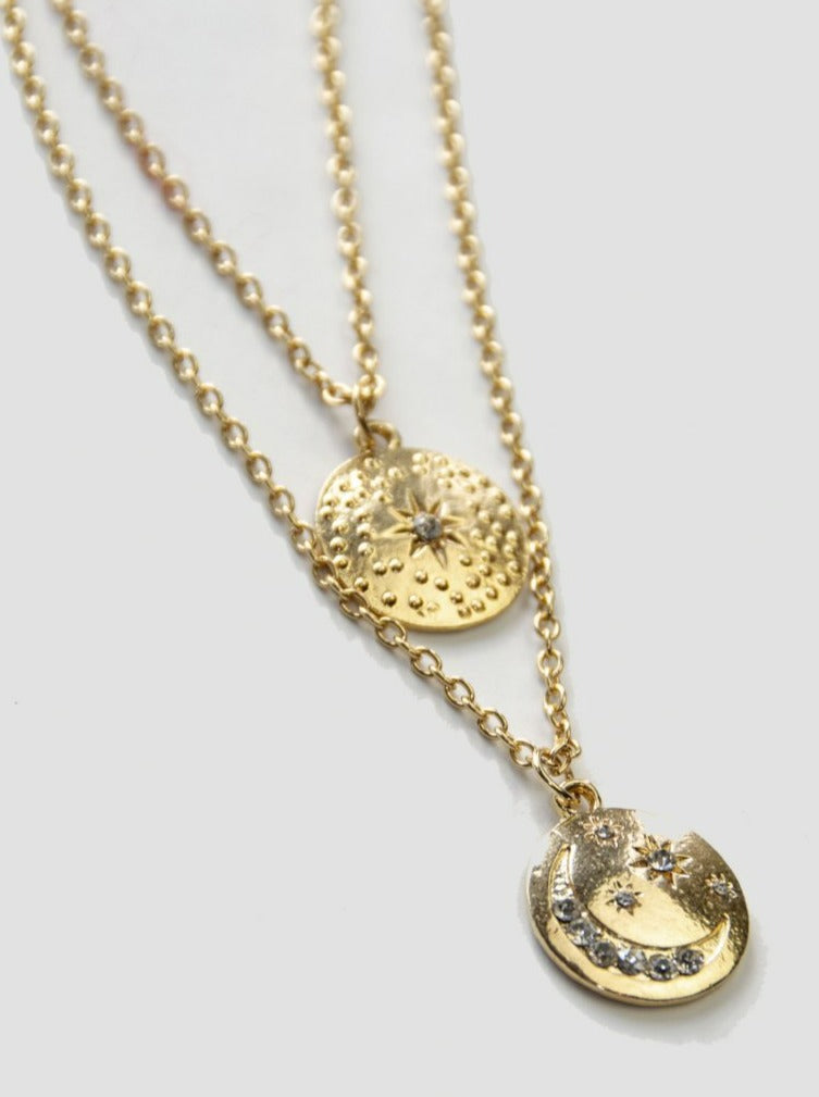 gold celestial sun moon layered pendant necklace